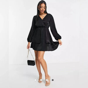 Lascana Satin Black Tiered V Neck Long Sleeve Dress Size 6 NWT